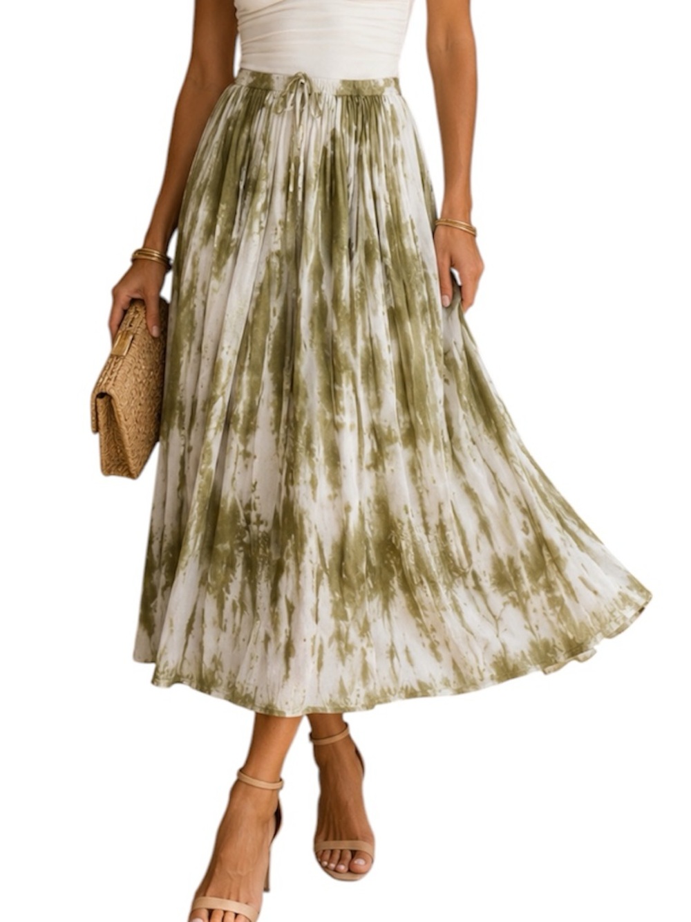 Metrowear New York Green & White Tie Dye Pleated Midi Skirt Boho Chic Medium - Picture 7 of 8